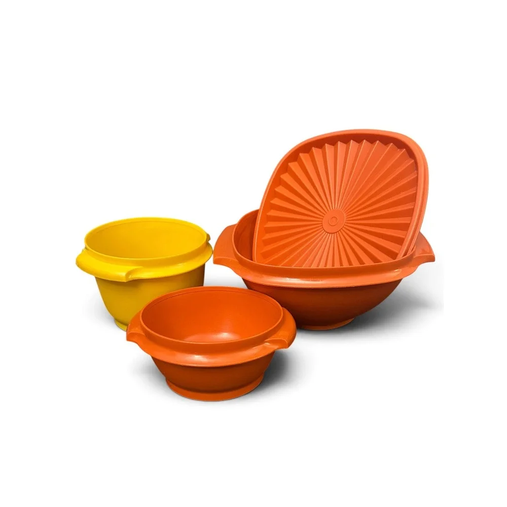Vintage Tupperware Harvest Orange & Yellow Nesting Bowl Lot with Sunburst Lid